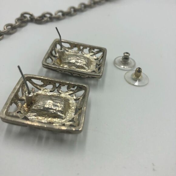 Vintage Bali Style Silver Tone Square Statement Necklace and Pierced Earring Set - Picture 9 of 16